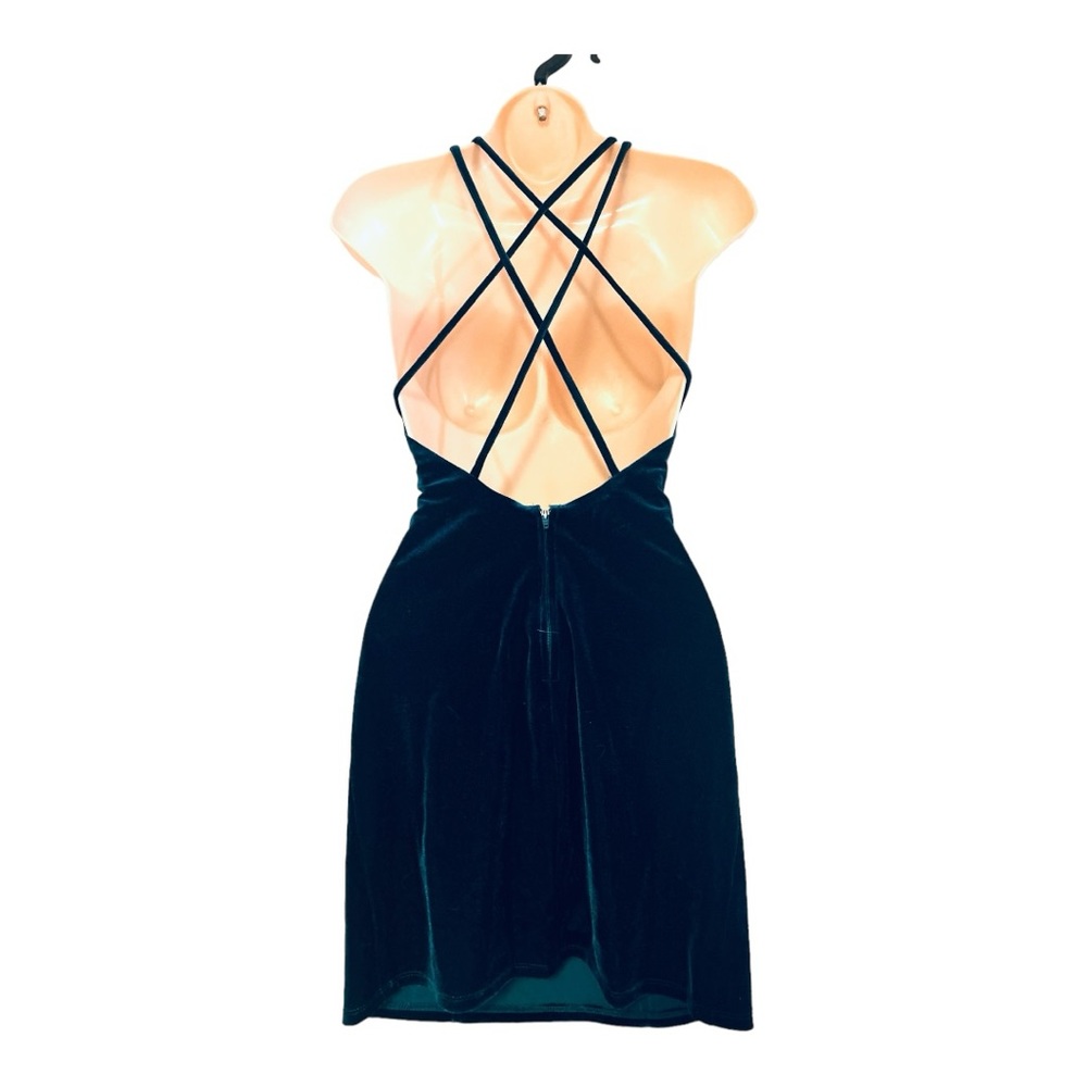 DEAR MOON Velvet Teal Blue Stretch Strappy Cocktail Party Prom Short Mini Dress - Picture 8 of 14